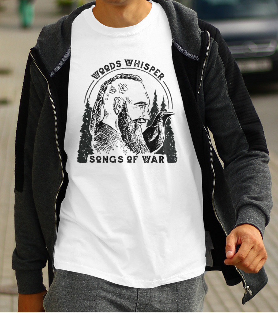 Woods Whisper Songs Of War Viking With Raven And Forest Symbols T-Shirt