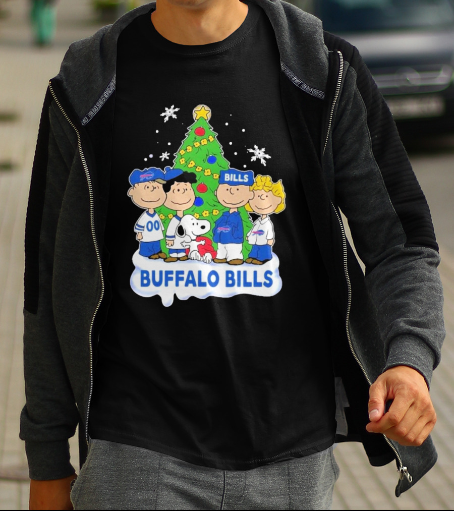 Buffalo Bills Snoopy Christmas Tree Peanuts Characters Holiday Scene T-Shirt