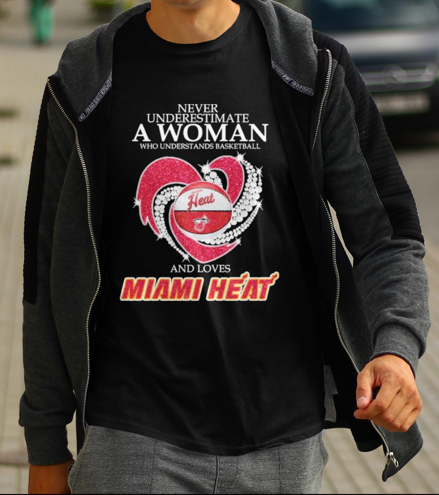 Never Underestimate A Woman Who Understands Basketball And Loves Miami Heat With Red Heart And Basketball T-Shirt