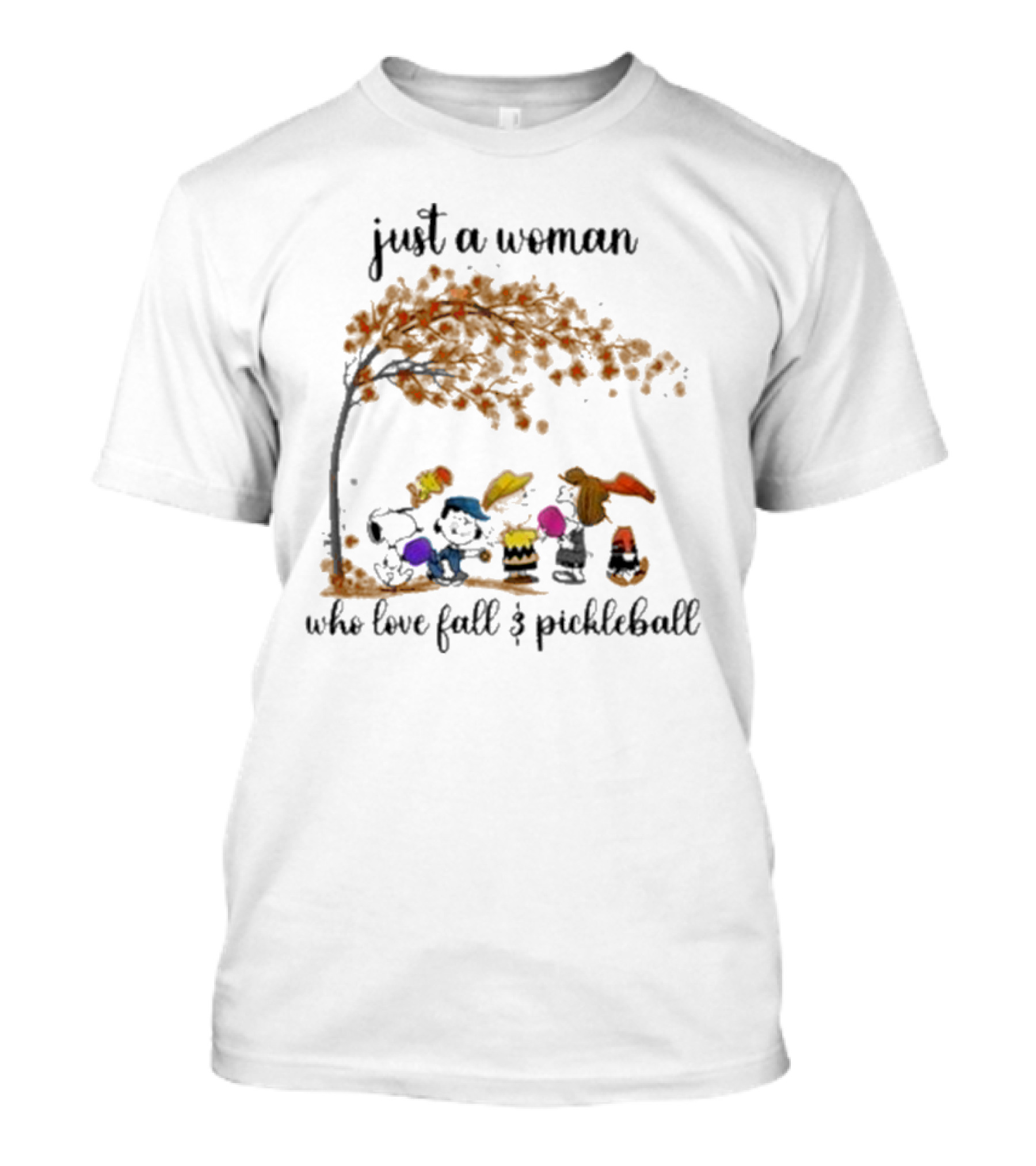 Just A Woman Who Loves Fall And Pickleball With Snoopy And Friends Under Autumn Tree T-Shirt