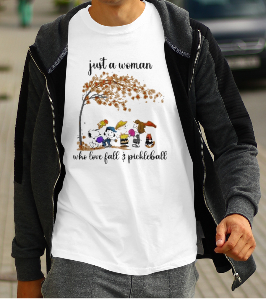 Just A Woman Who Loves Fall And Pickleball With Snoopy And Friends Under Autumn Tree T-Shirt