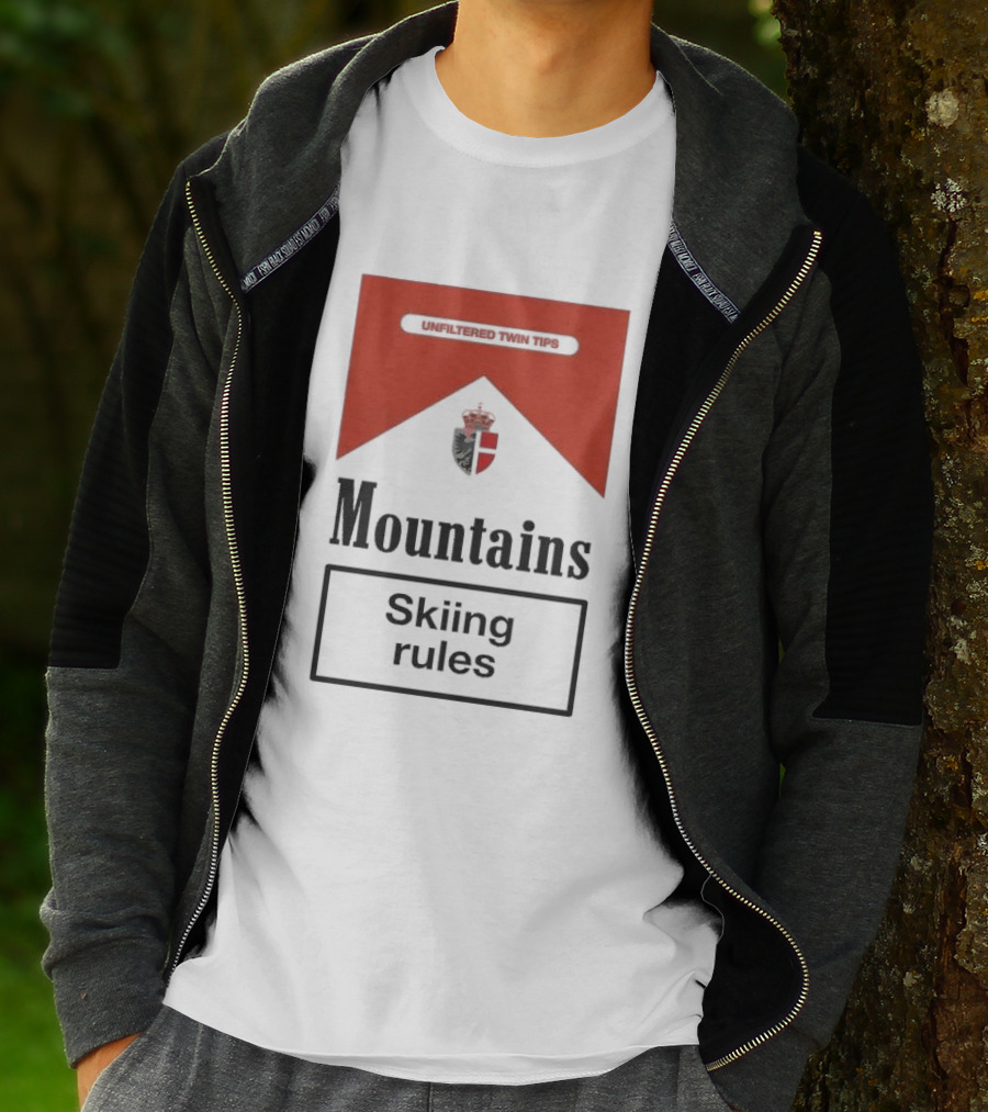 Unfiltered Twin Tips Mountains Skiing Rules Crest T-Shirt