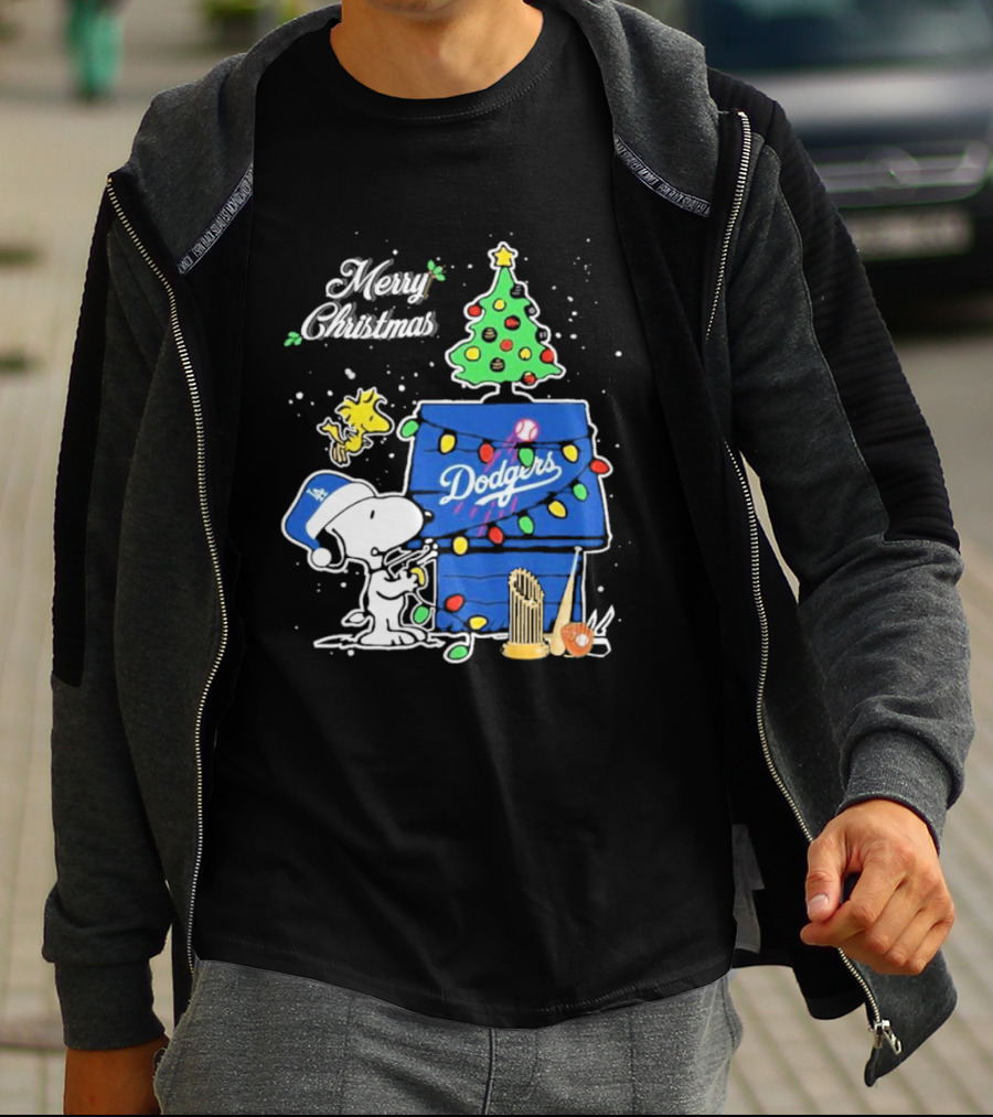 Merry Christmas Snoopy Los Angeles Dodgers Tree Lights Woodstock T-Shirt