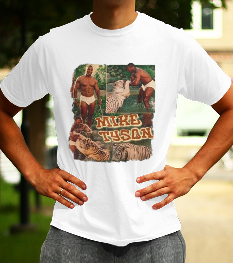 Mike Tyson With Tigers Vintage 90s Style Collage T-Shirt