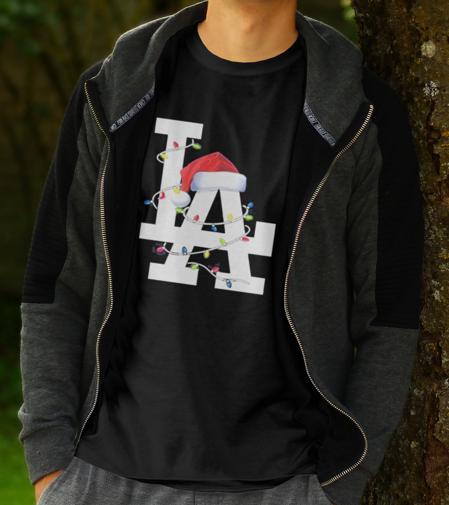 Los Angeles LA Merry Christmas Santa Hat Lights Holiday 2D T-Shirt