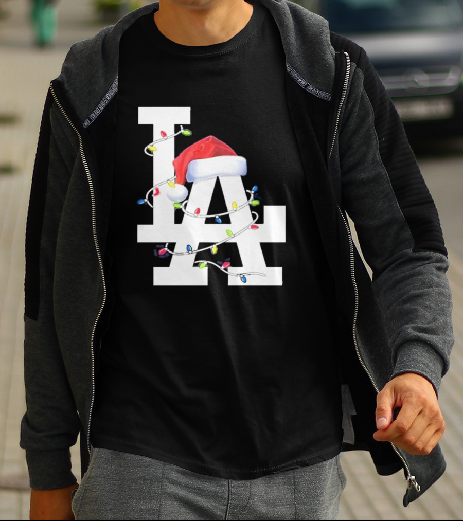 Los Angeles LA Merry Christmas Santa Hat Lights Holiday 2D T-Shirt