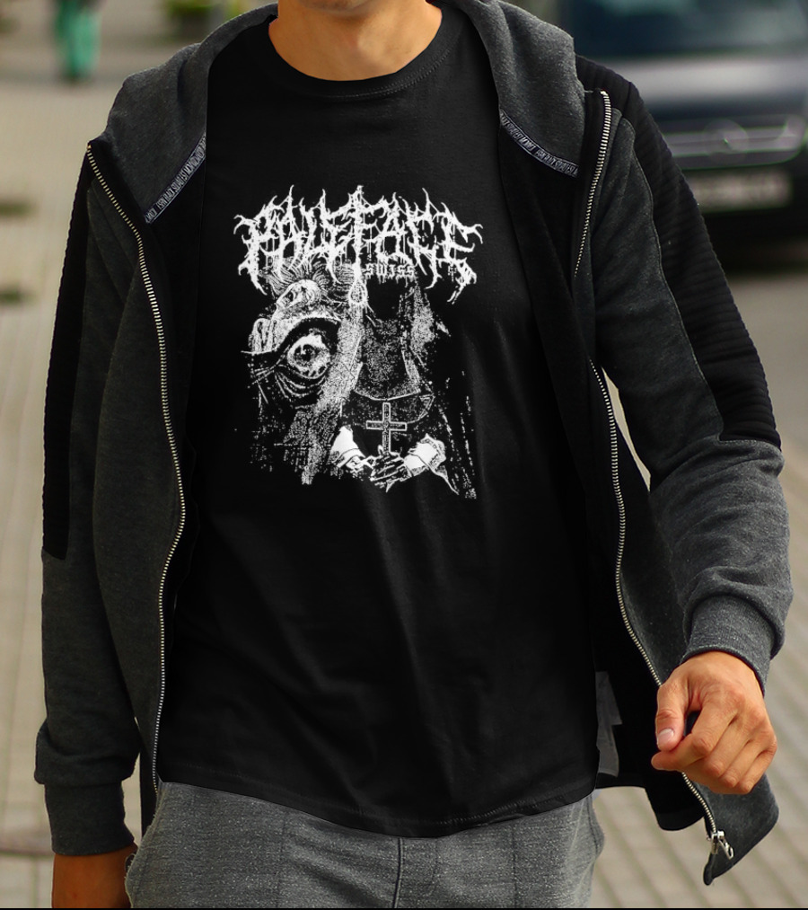 Paleface Swiss Orphan Monochrome Cross And Veiled Figure With Distorted Face T-Shirt