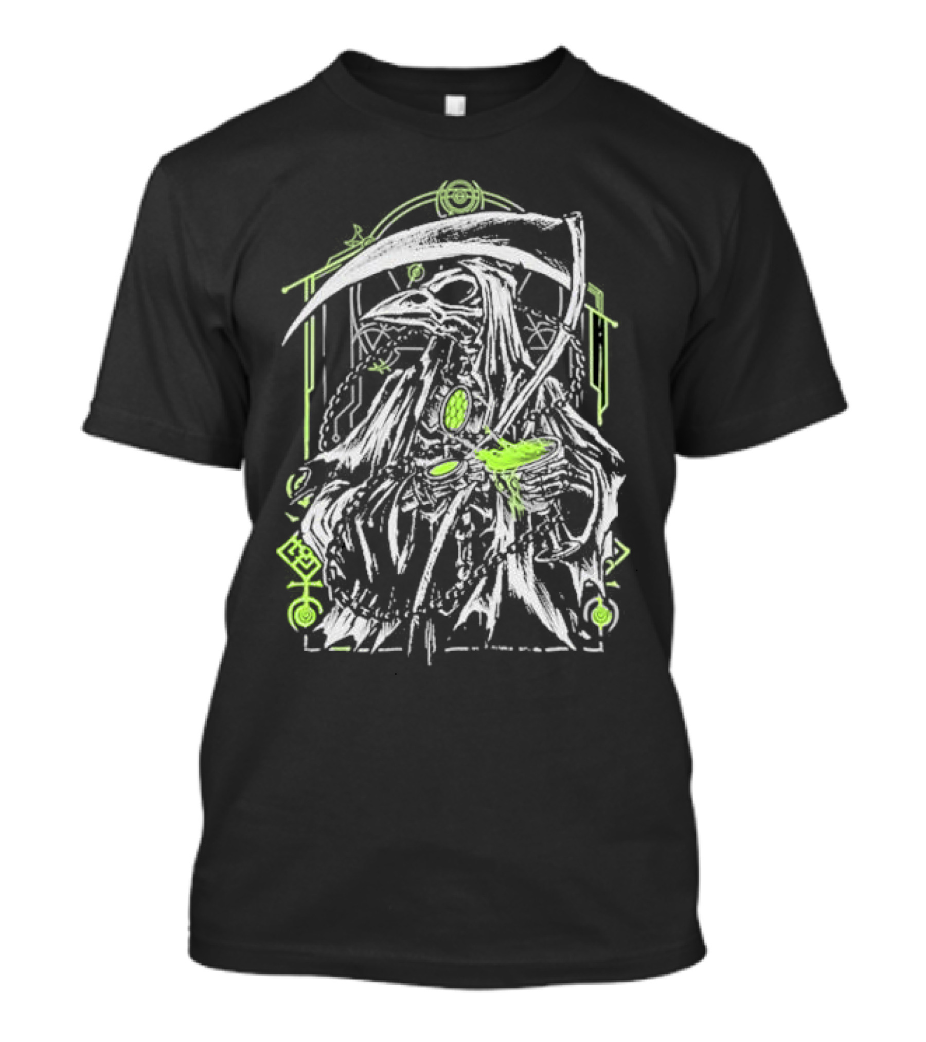 Xavleg Plague Reaper Death Raven In Green And White With Scythe And Potion T-Shirt