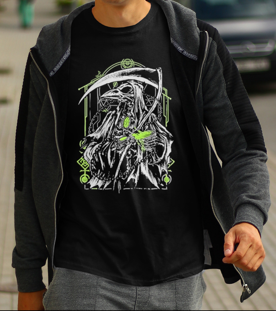 Xavleg Plague Reaper Death Raven In Green And White With Scythe And Potion T-Shirt