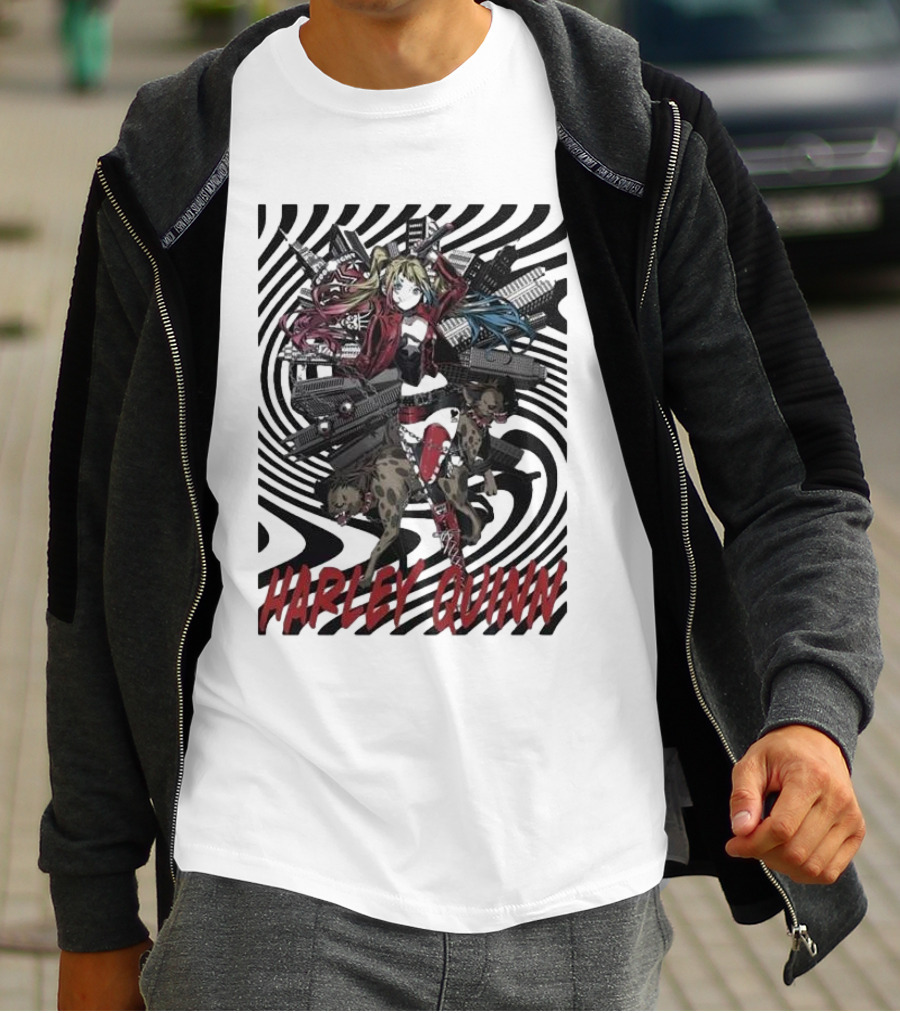 HARLEY QUINN Black And White Spiral With Hyenas T-Shirt