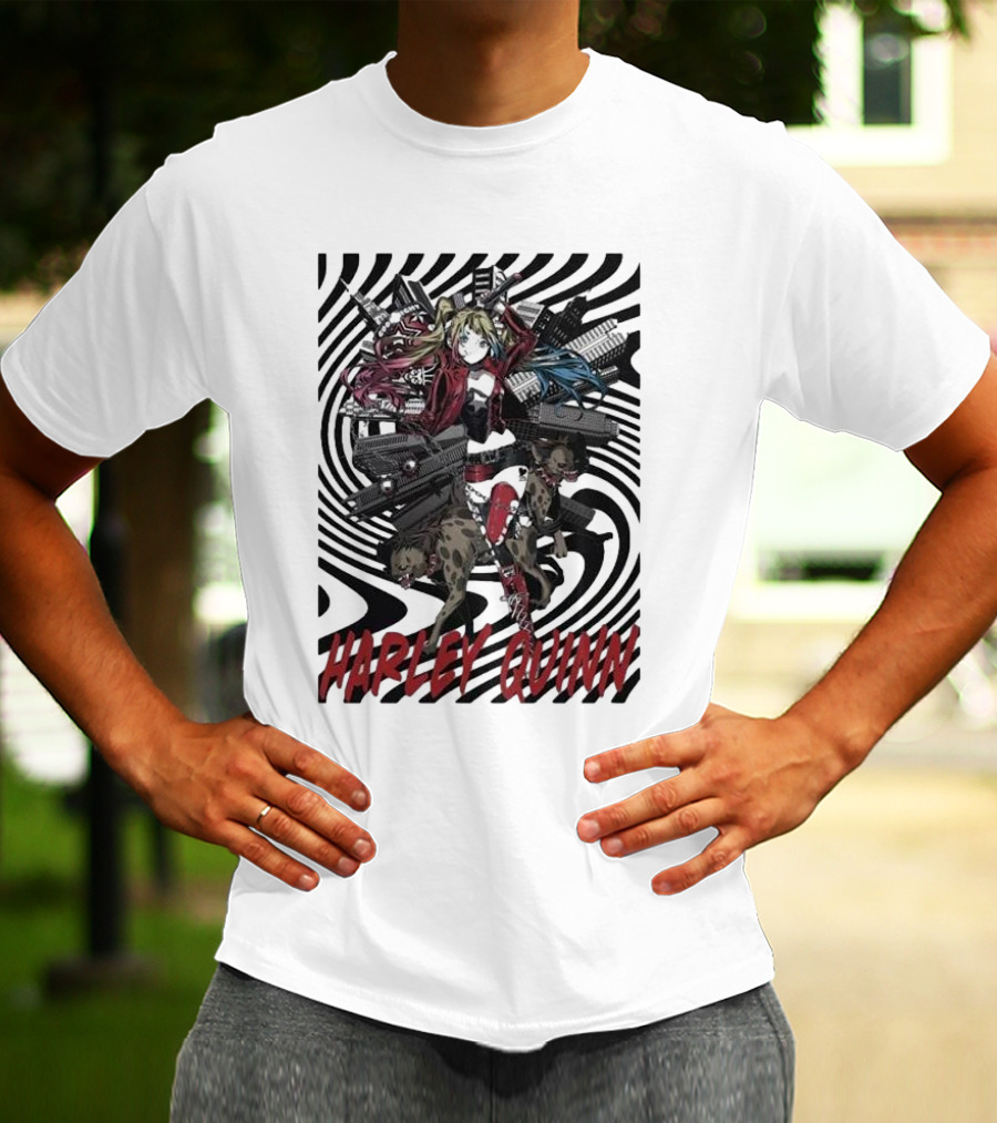 HARLEY QUINN Black And White Spiral With Hyenas T-Shirt