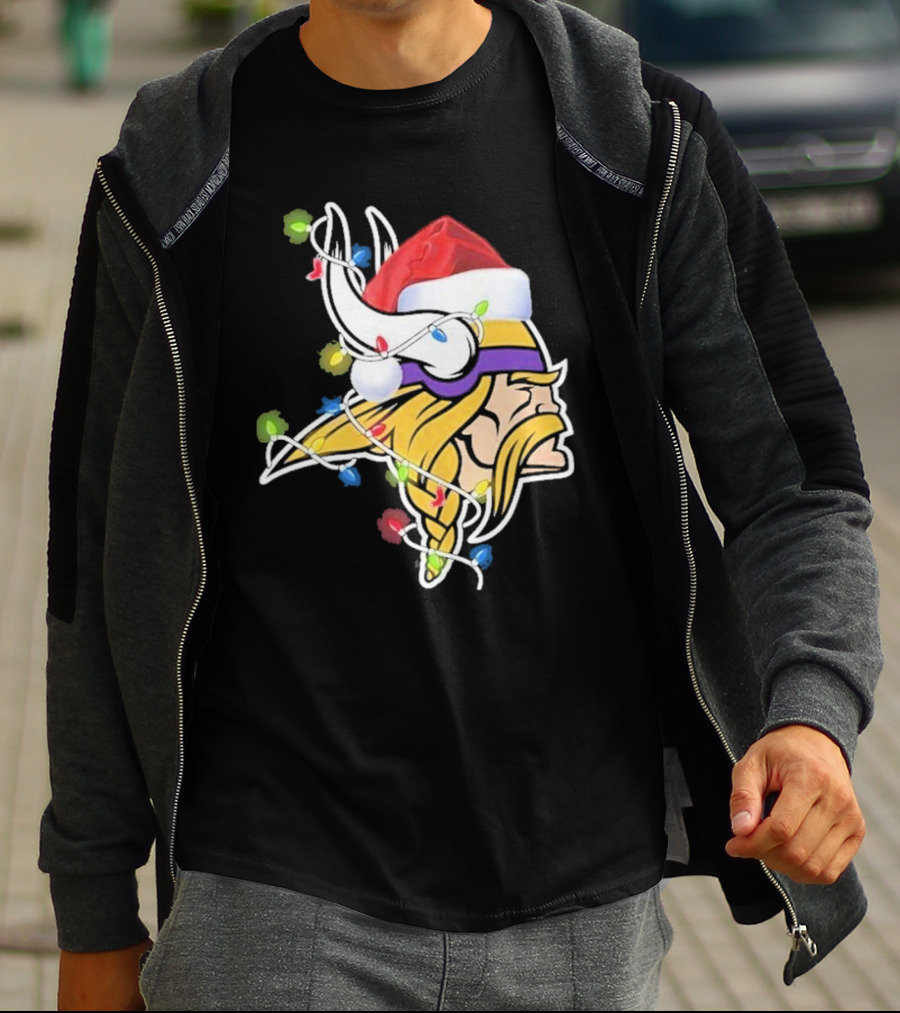 Minnesota Vikings Merry Christmas 2D Santa Hat Lights T-Shirt