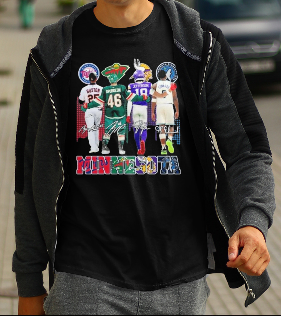 Minnesota Twins Buxton Minnesota Wild Spurgeon Minnesota Vikings Jefferson Minnesota Timberwolves Edwards Signature T-Shirt