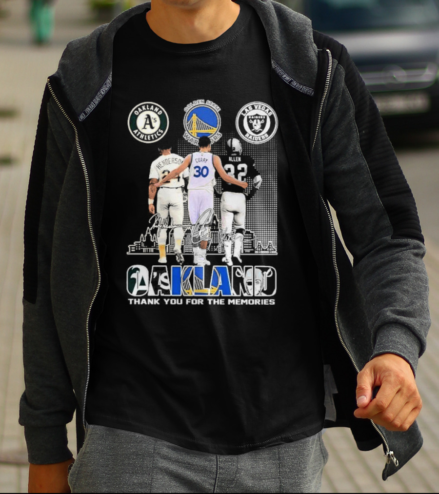 Oakland Athletics Warriors Raiders Henderson Curry Allen Thank You For The Memories T-Shirt