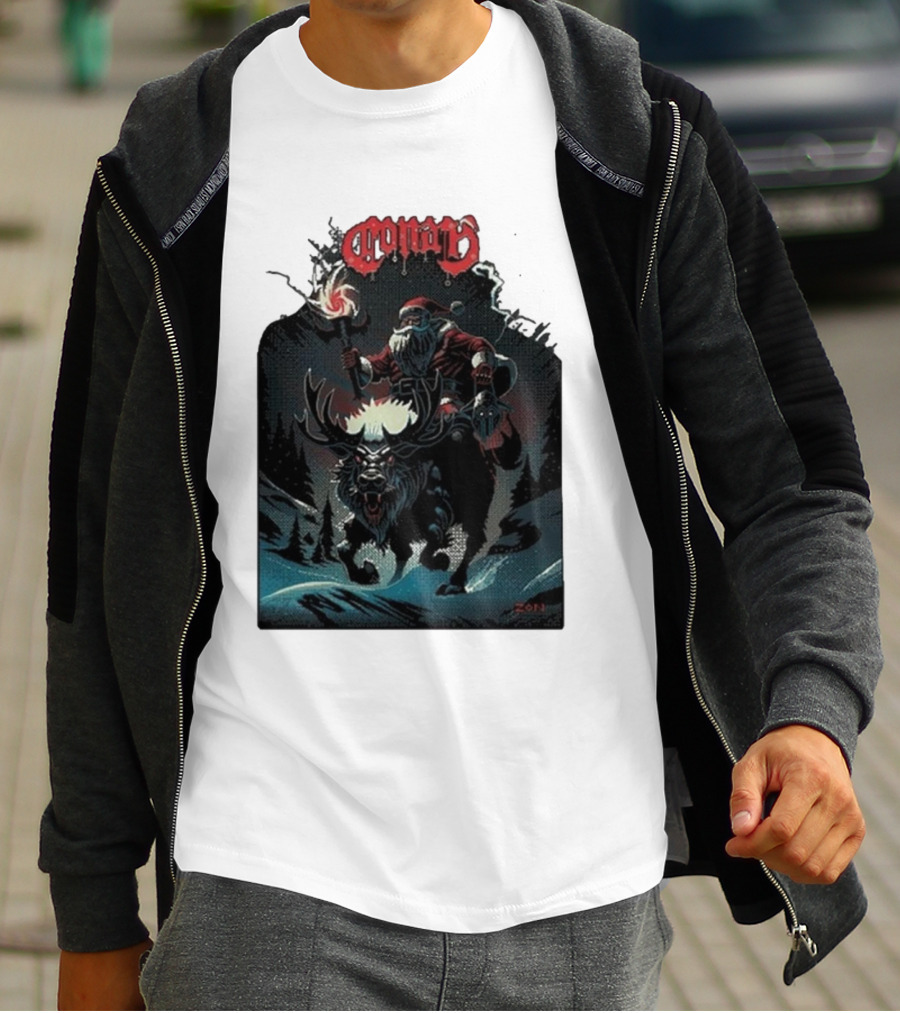 Conan Merry Chrushmas Santa Riding Mythical Beast Torch Dark Forest Scene T-Shirt