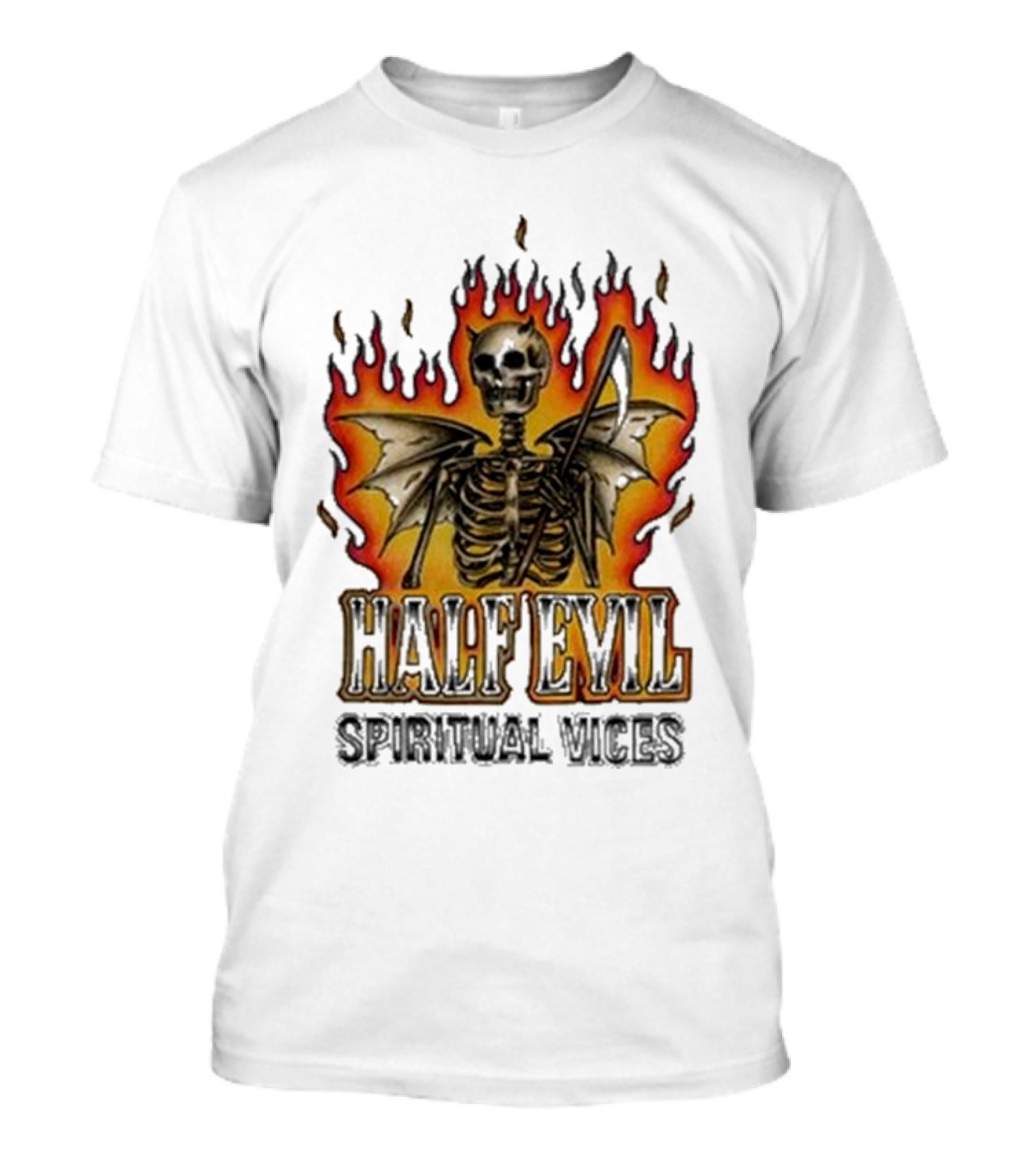 Half Evil Spiritual Vices Flaming Winged Skeleton T-Shirt