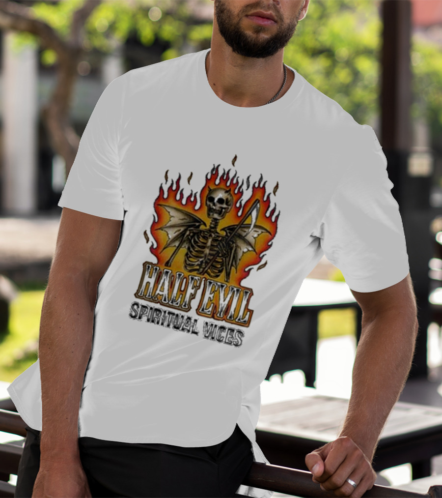 Half Evil Spiritual Vices Flaming Winged Skeleton T-Shirt