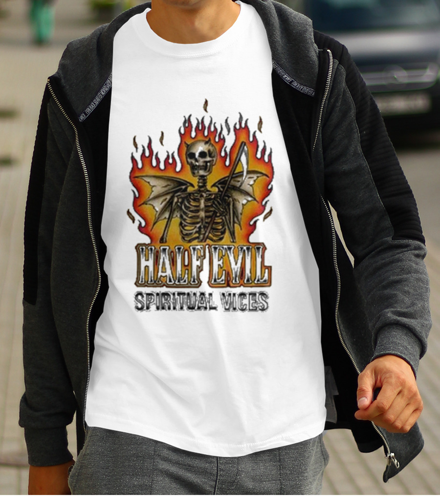 Half Evil Spiritual Vices Flaming Winged Skeleton T-Shirt