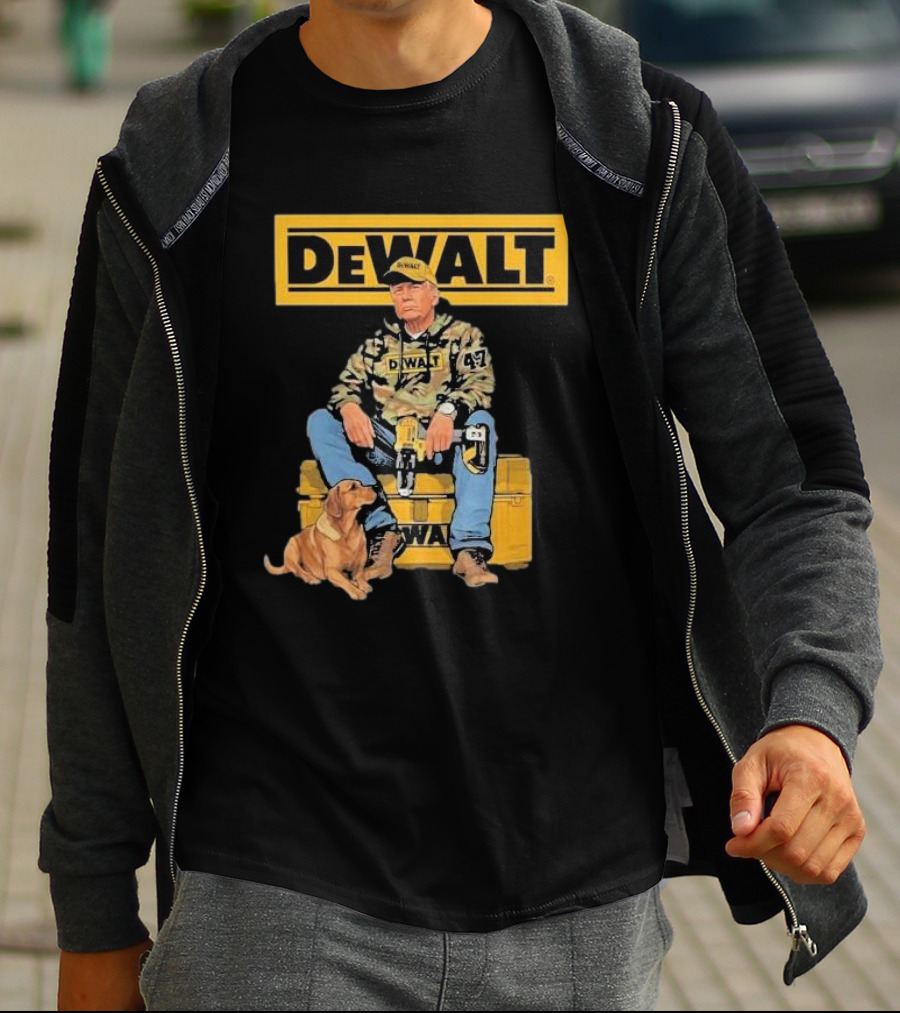 DEWALT Toolbox Camouflage Jacket 47 Sitting On Toolbox With Dog T-Shirt