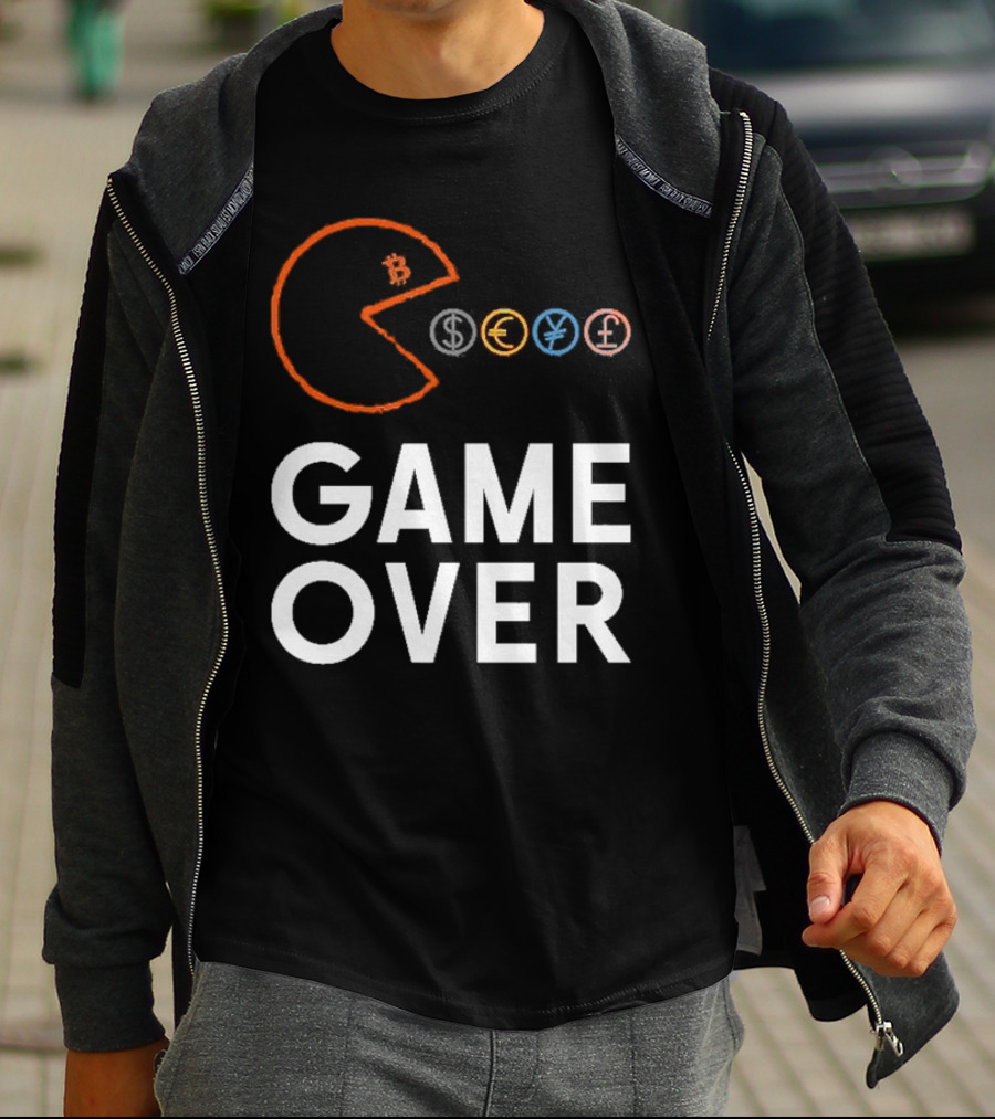 Game Over Bitcoin Pac-Man Eats Dollar Euro Yen Pound T-Shirt