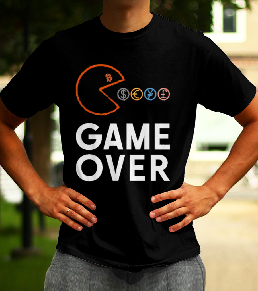 Game Over Bitcoin Pac-Man Eats Dollar Euro Yen Pound T-Shirt