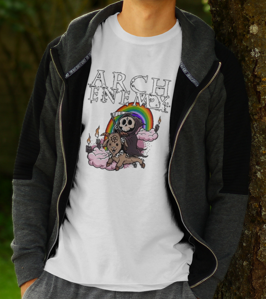 Arch Enemy Rainbow Reaper On Goat With Candles And Clouds T-Shirt