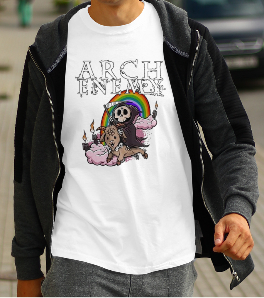 Arch Enemy Rainbow Reaper On Goat With Candles And Clouds T-Shirt