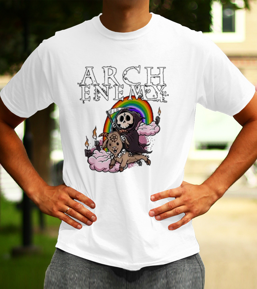 Arch Enemy Rainbow Reaper On Goat With Candles And Clouds T-Shirt