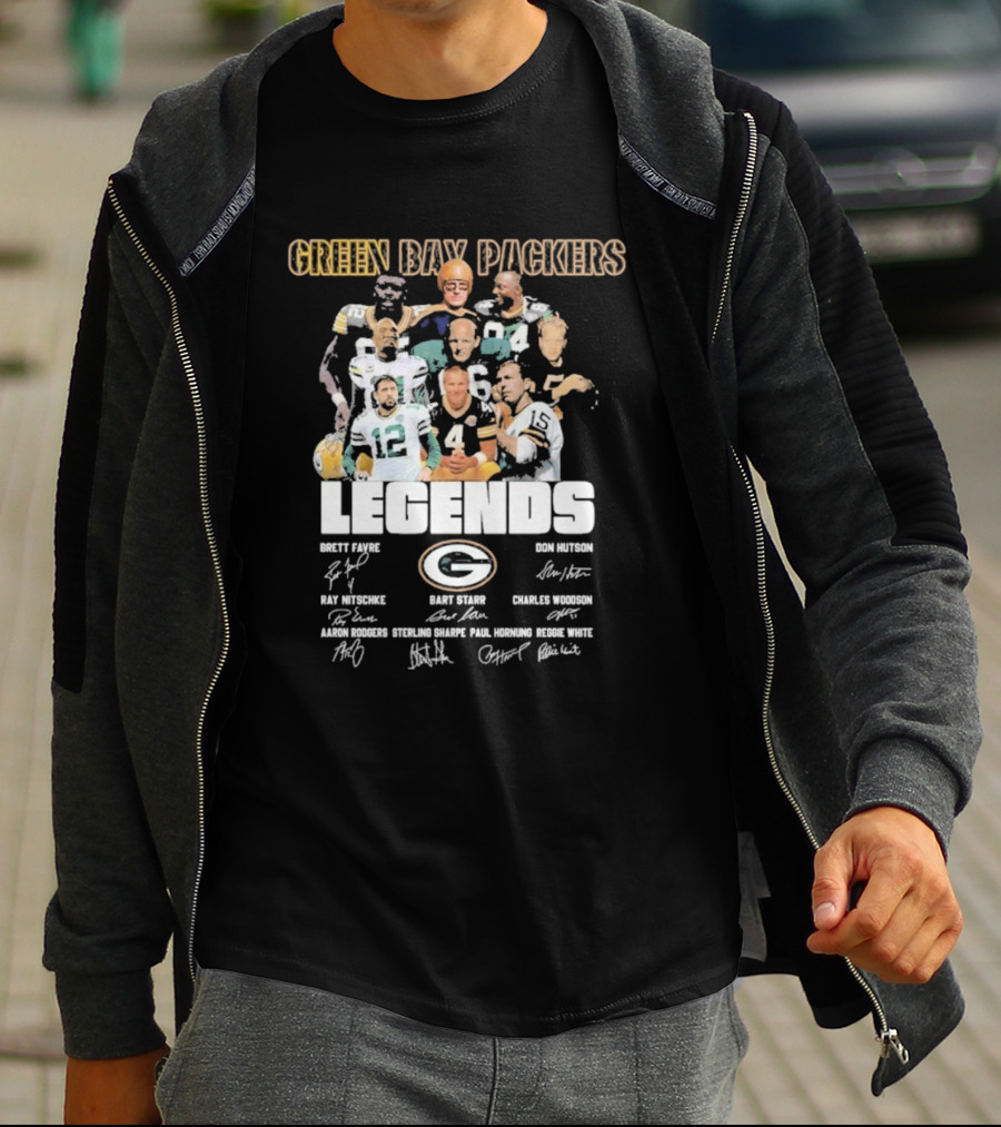 Green Bay Packers Legends Brett Favre Don Hutson Ray Nitschke Bart Starr Charles Woodson Aaron Rodgers Sterling Sharpe Paul Hornung Reggie White T-Shirt