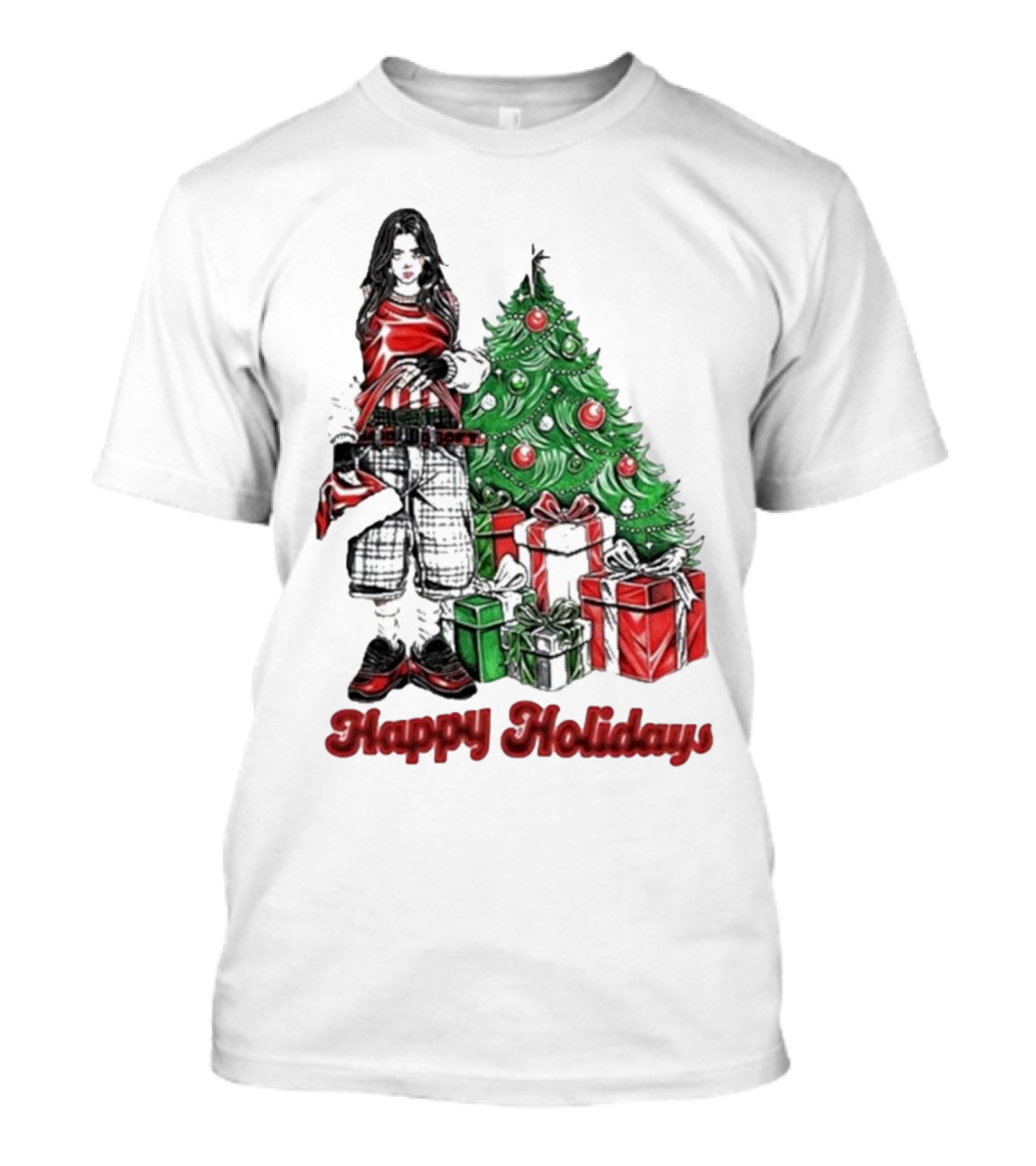 Billie Eilish Happy Holidays Christmas Tree Presents T-Shirt