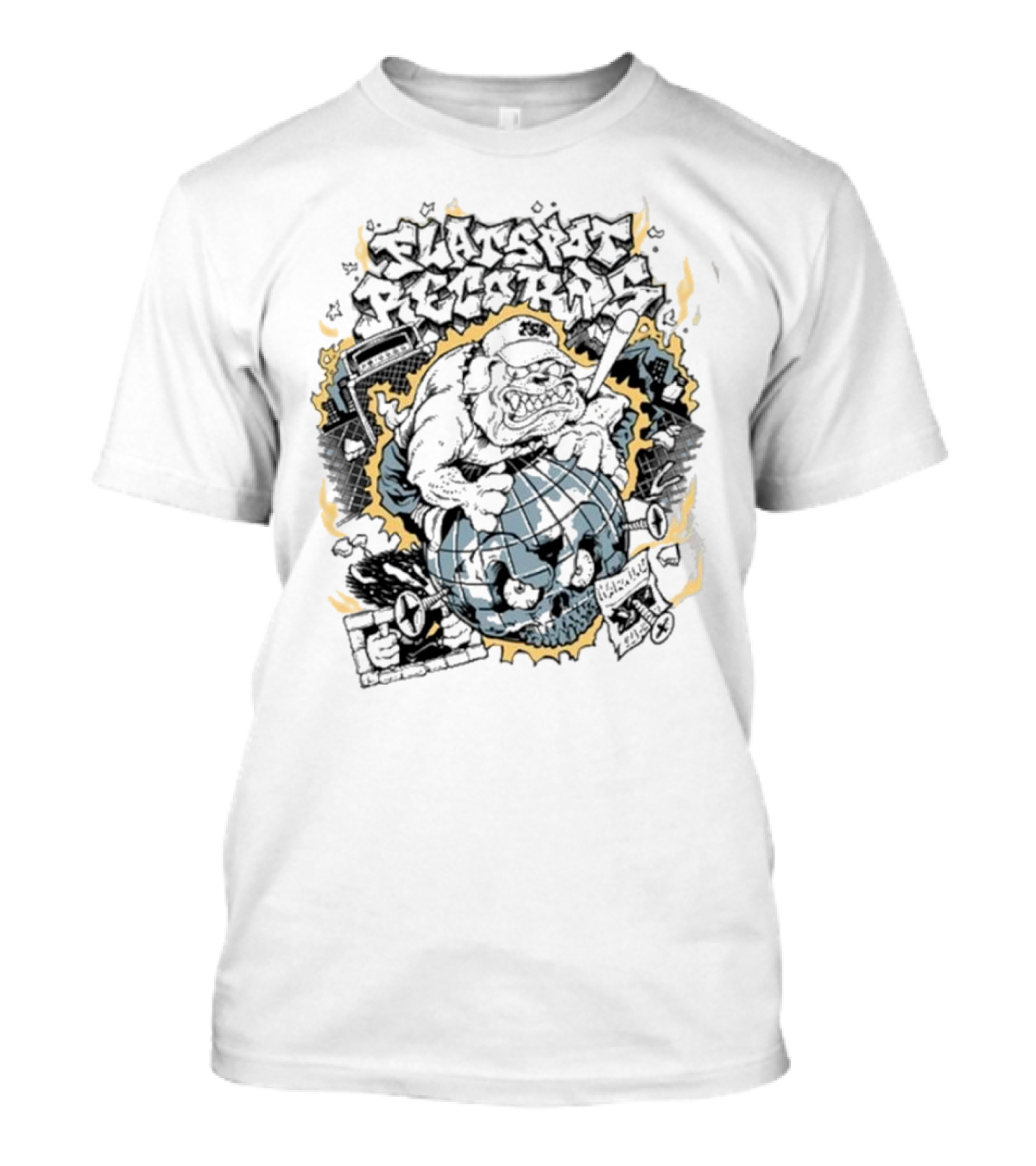 Flatspot Records Bulldog Globe Graffiti Style White T-Shirt