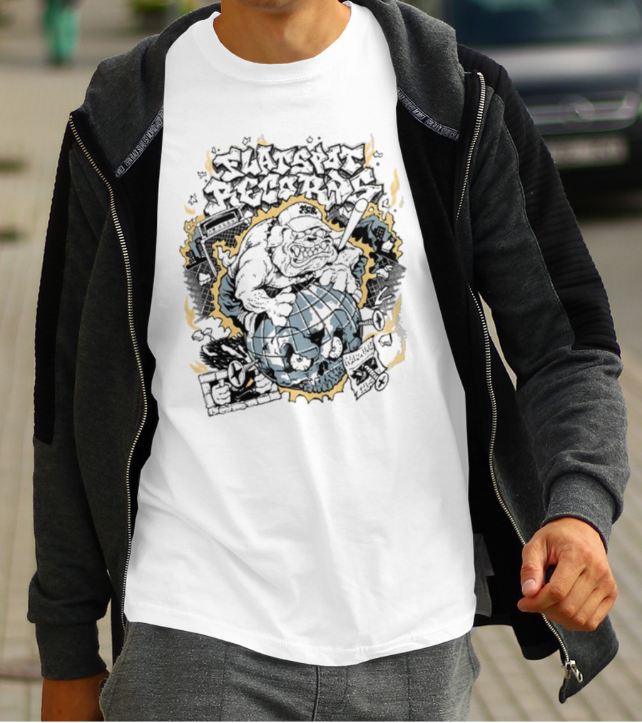Flatspot Records Bulldog Globe Graffiti Style White T-Shirt