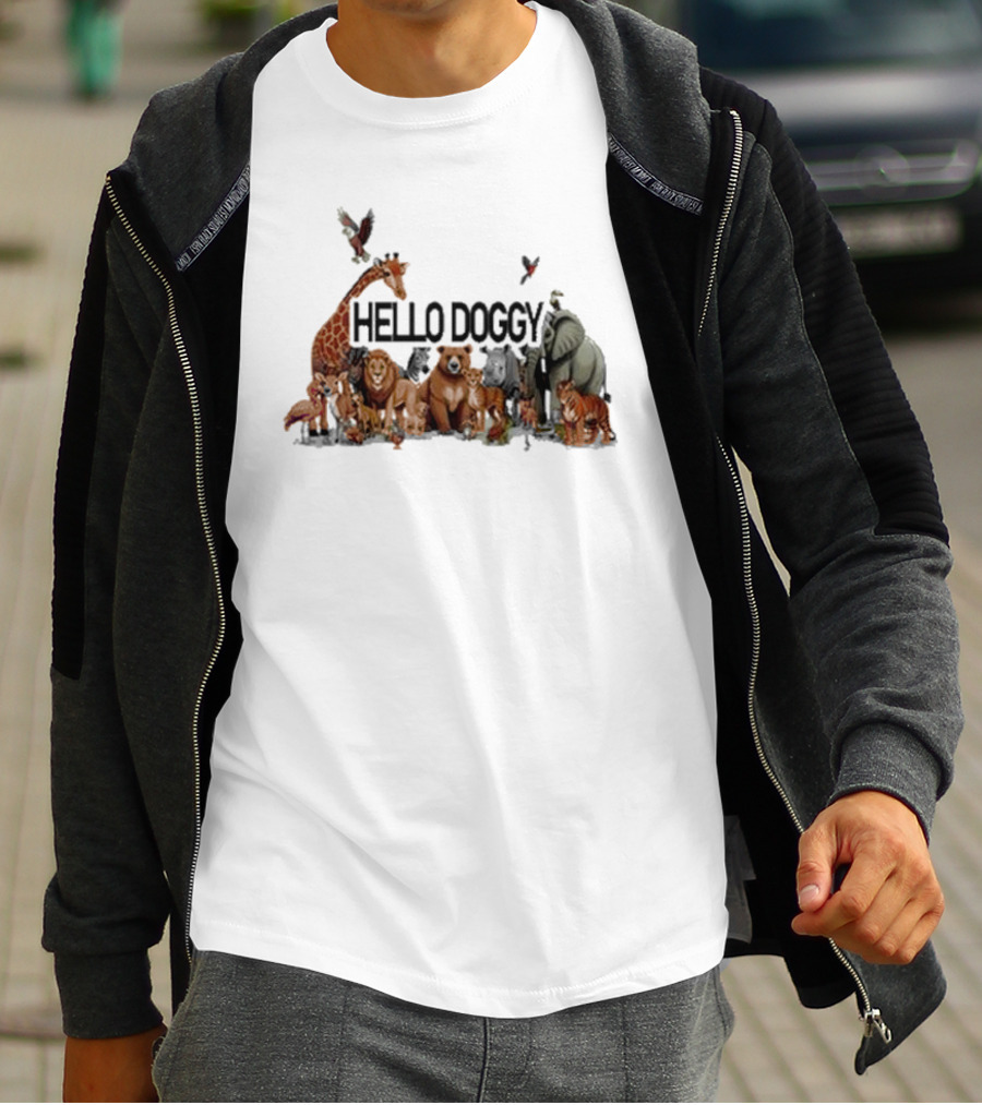 Hello Doggy Wildlife Animal Gathering With Giraffe Elephant Tiger And More T-Shirt