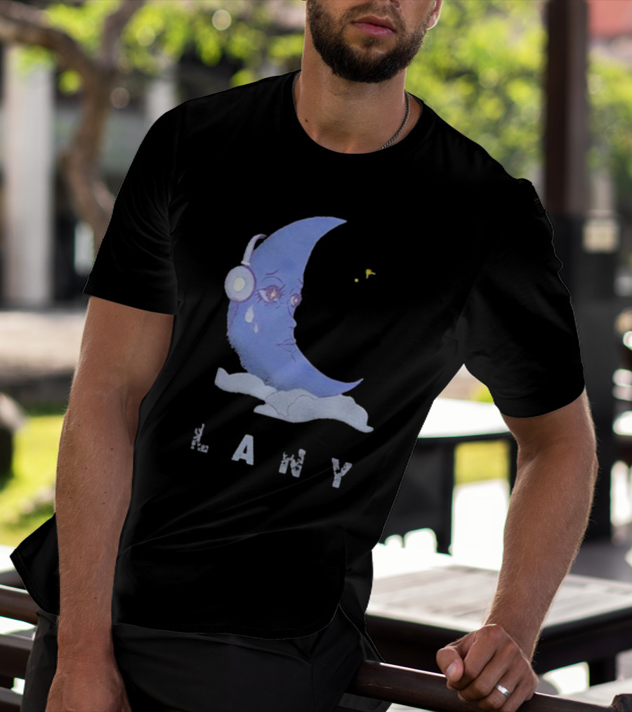Lany Moon Crying Blue Crescent With Headphones And Clouds T-Shirt