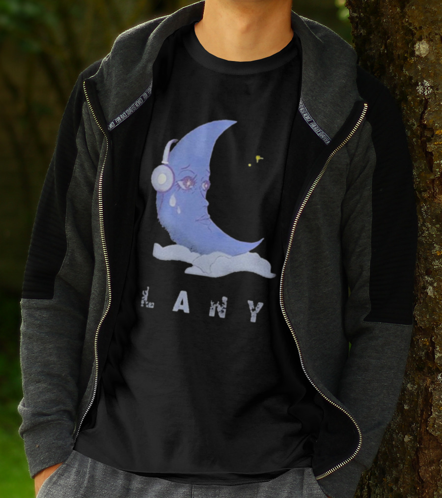 Lany Moon Crying Blue Crescent With Headphones And Clouds T-Shirt