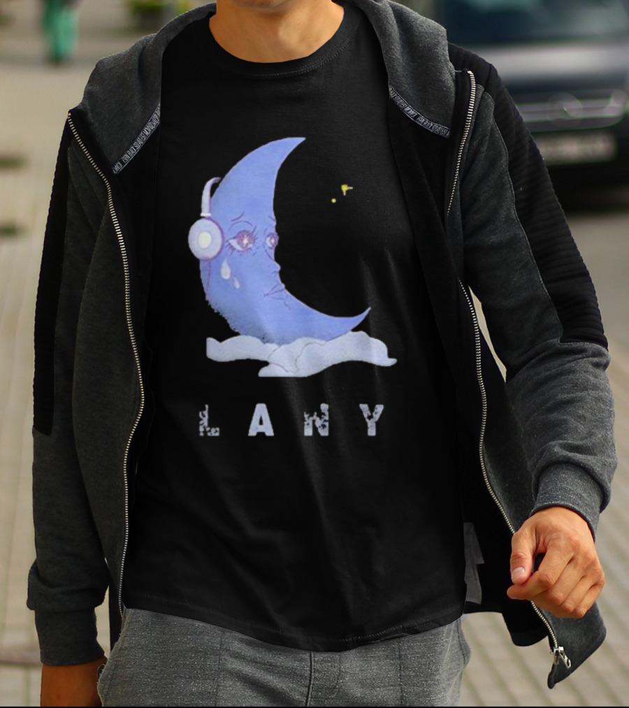 Lany Moon Crying Blue Crescent With Headphones And Clouds T-Shirt