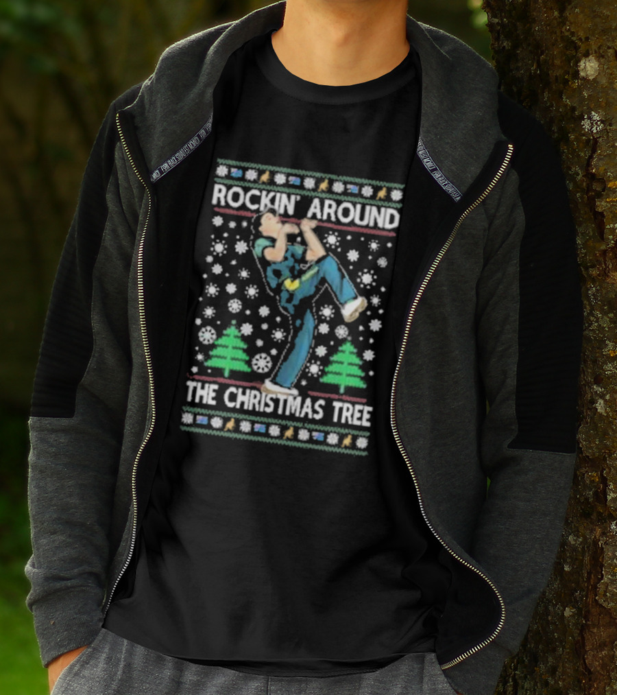 Rockin' Around The Christmas Tree Ugly Christmas Sweater With Dancing Figure And Snowflakes T-Shirt