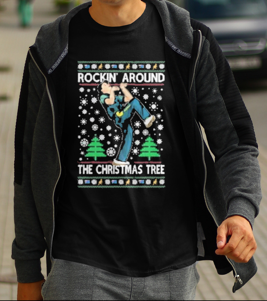 Rockin' Around The Christmas Tree Ugly Christmas Sweater With Dancing Figure And Snowflakes T-Shirt