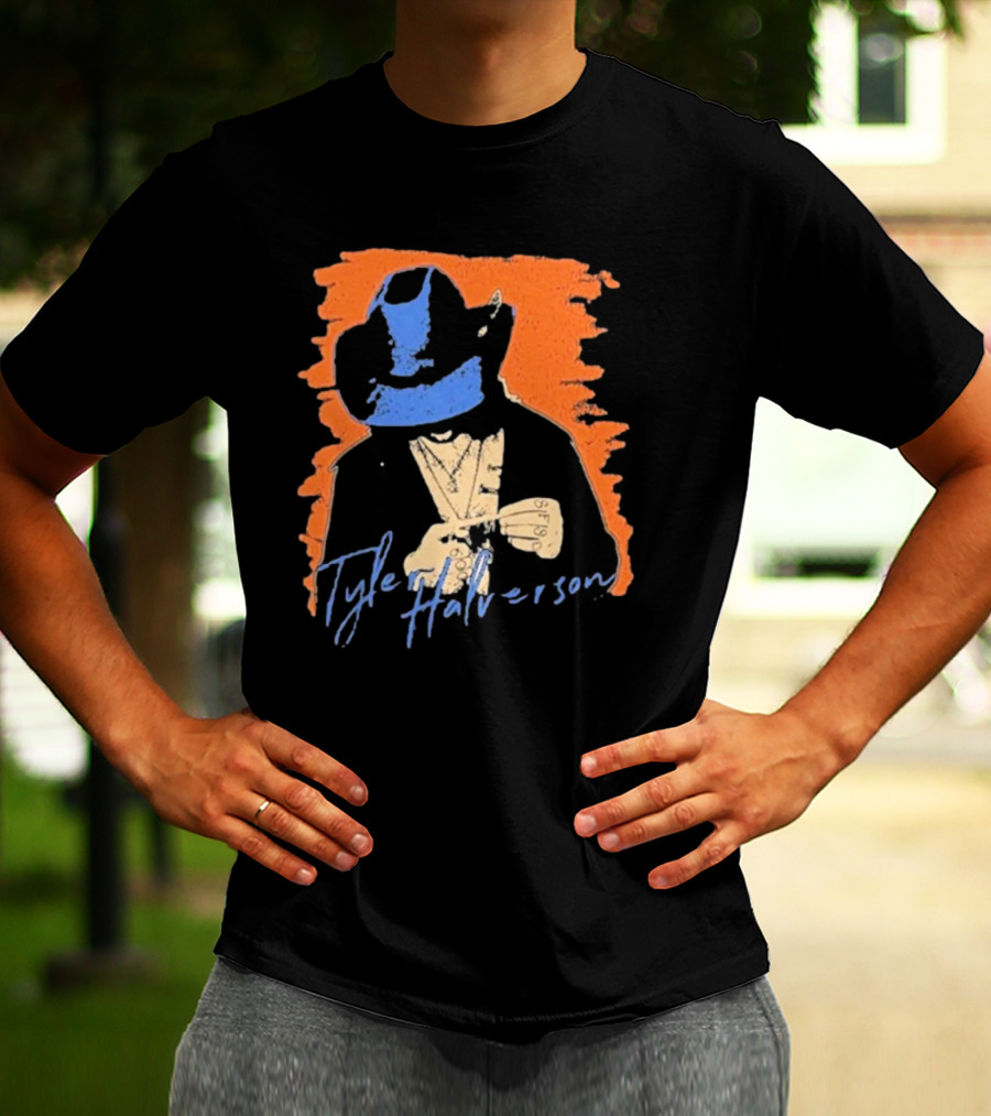 Tyler Halverson Cowboy Hat Blue Bandana Orange Background T-Shirt