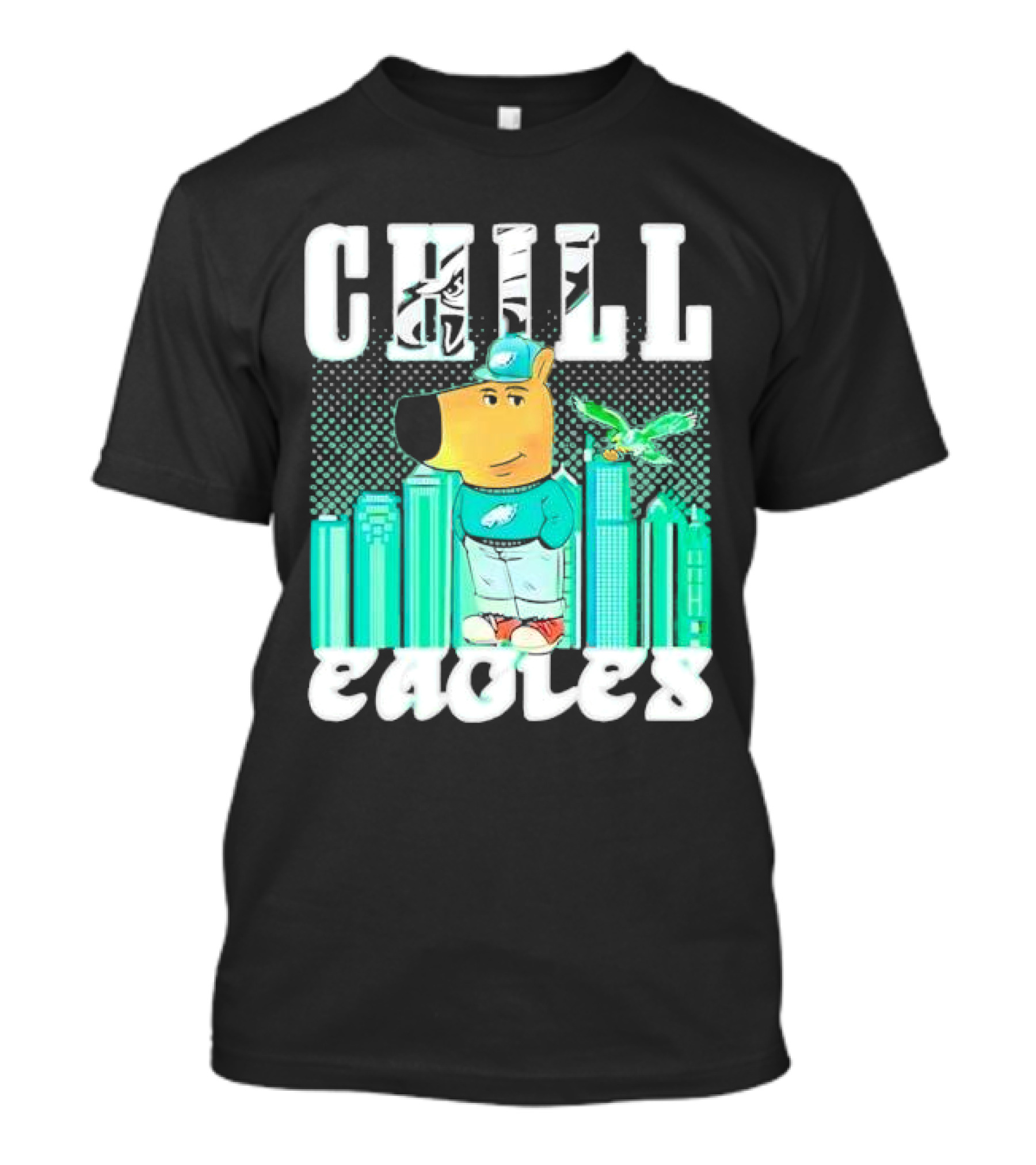 Philadelphia Eagles Chill Character With City Skyline And Cartoon Bird T-Shirt