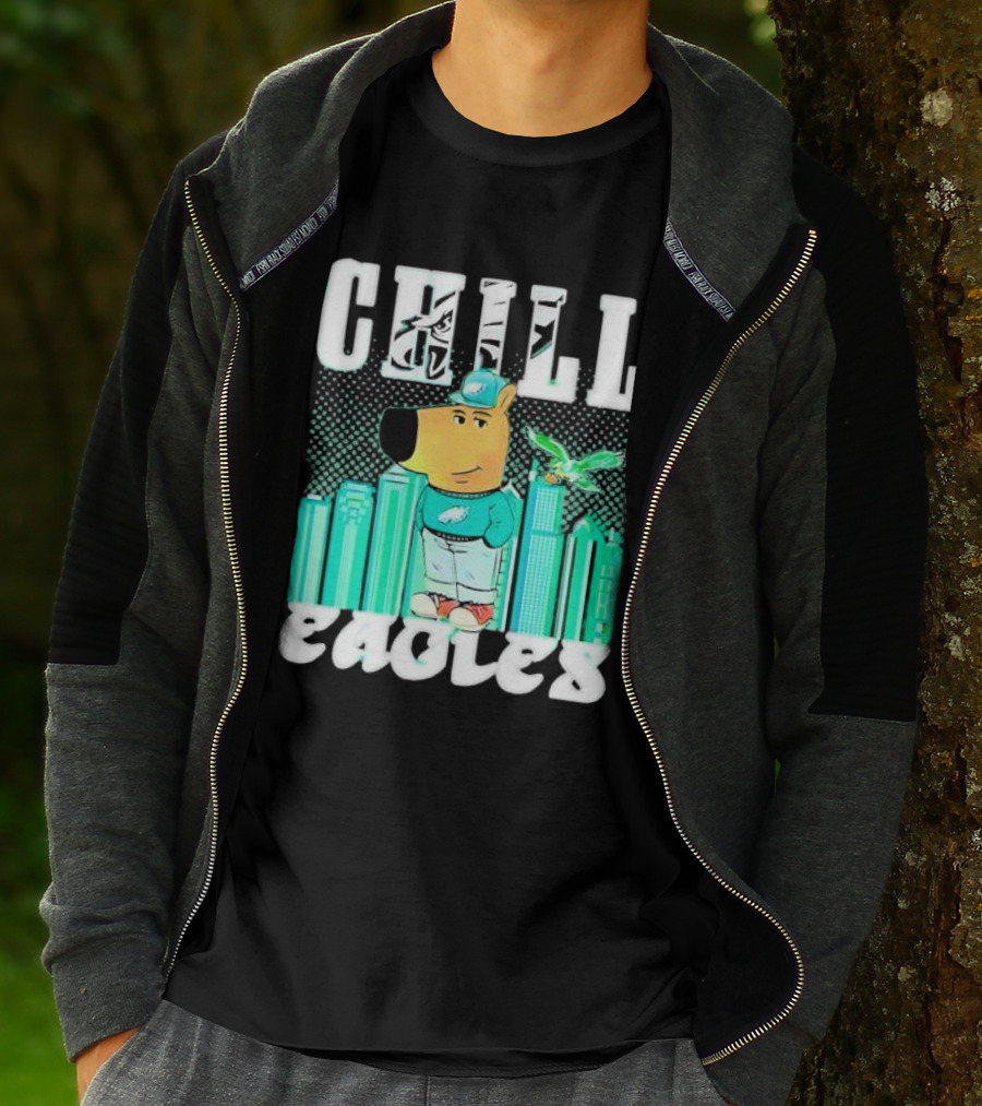 Philadelphia Eagles Chill Character With City Skyline And Cartoon Bird T-Shirt
