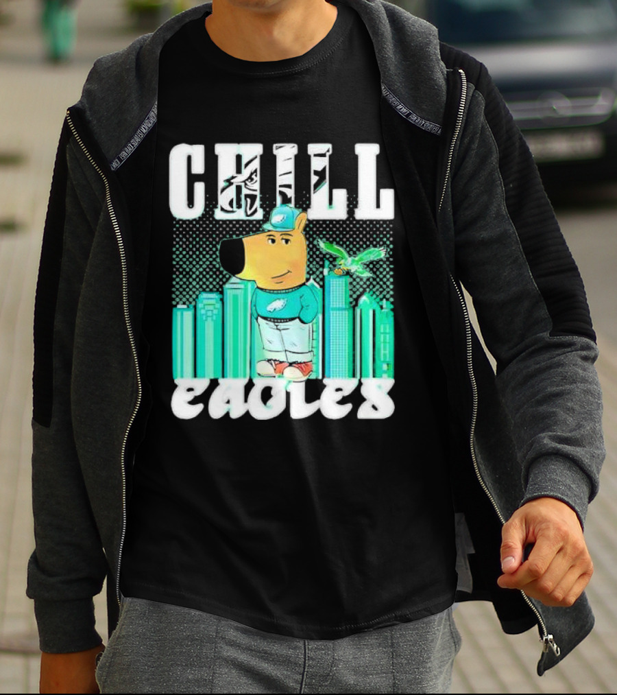 Philadelphia Eagles Chill Character With City Skyline And Cartoon Bird T-Shirt