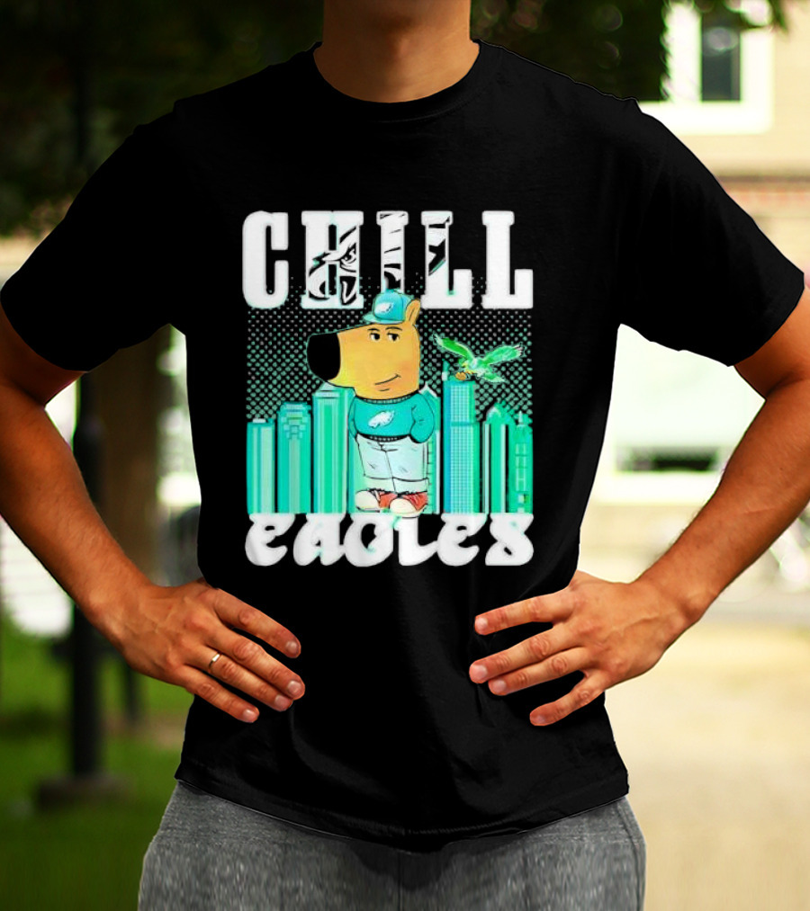 Philadelphia Eagles Chill Character With City Skyline And Cartoon Bird T-Shirt