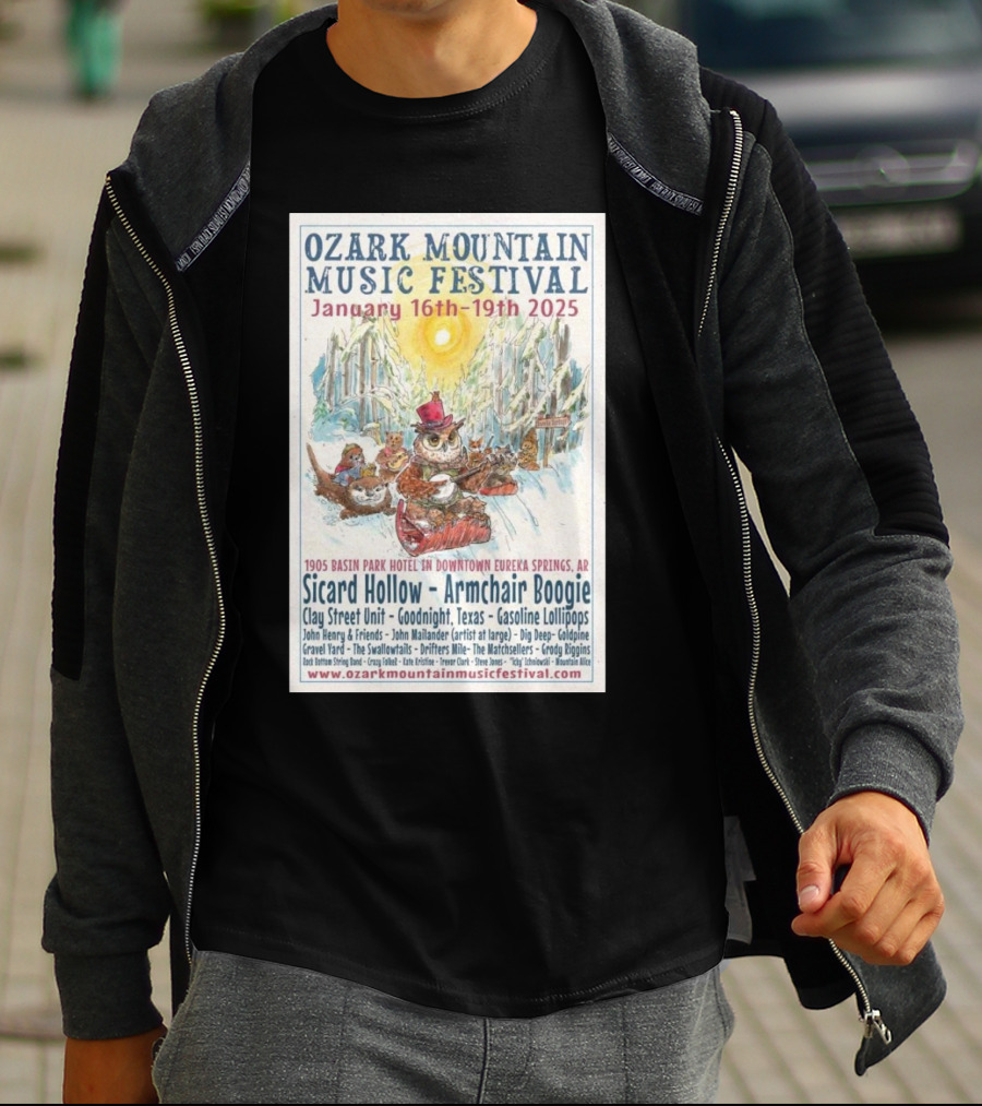 Ozark Mountain Music Festival January 16-19 2025 Eureka Springs AR Featuring Sicard Hollow And Armchair Boogie T-Shirt