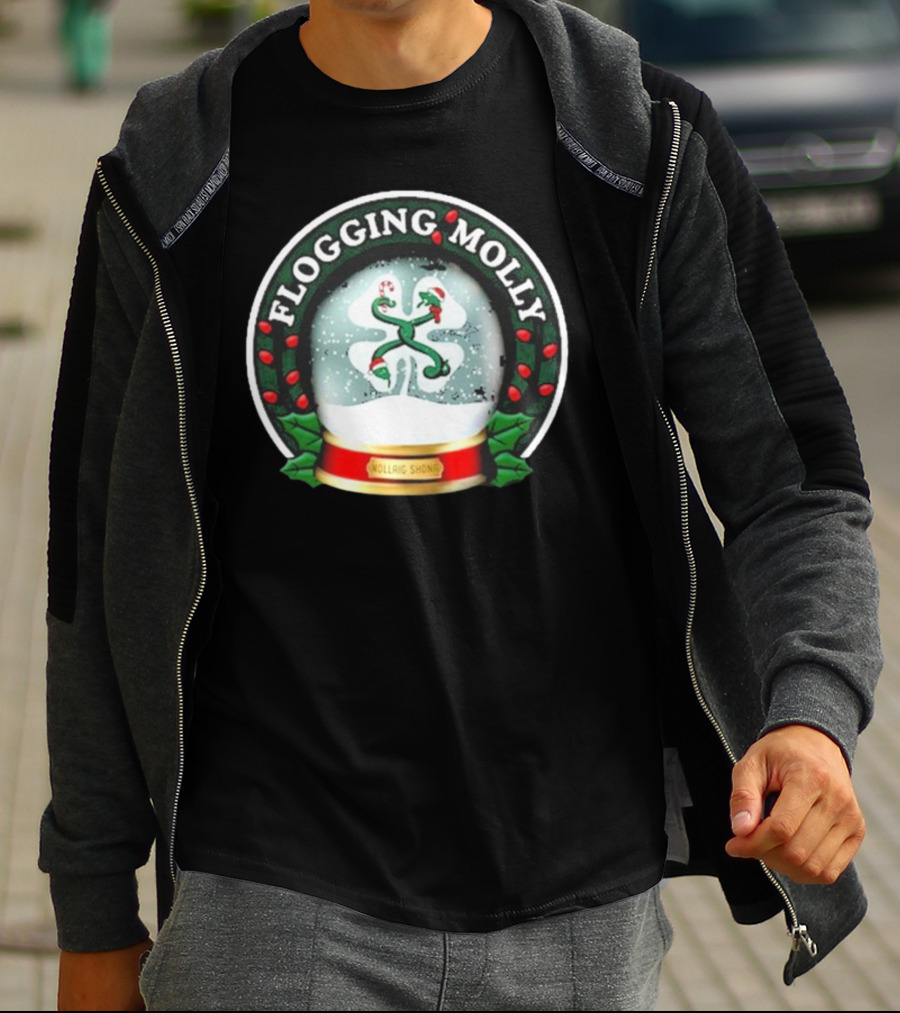 Flogging Molly Nollaig Shona Snow Globe With Holly Red Green White T-Shirt