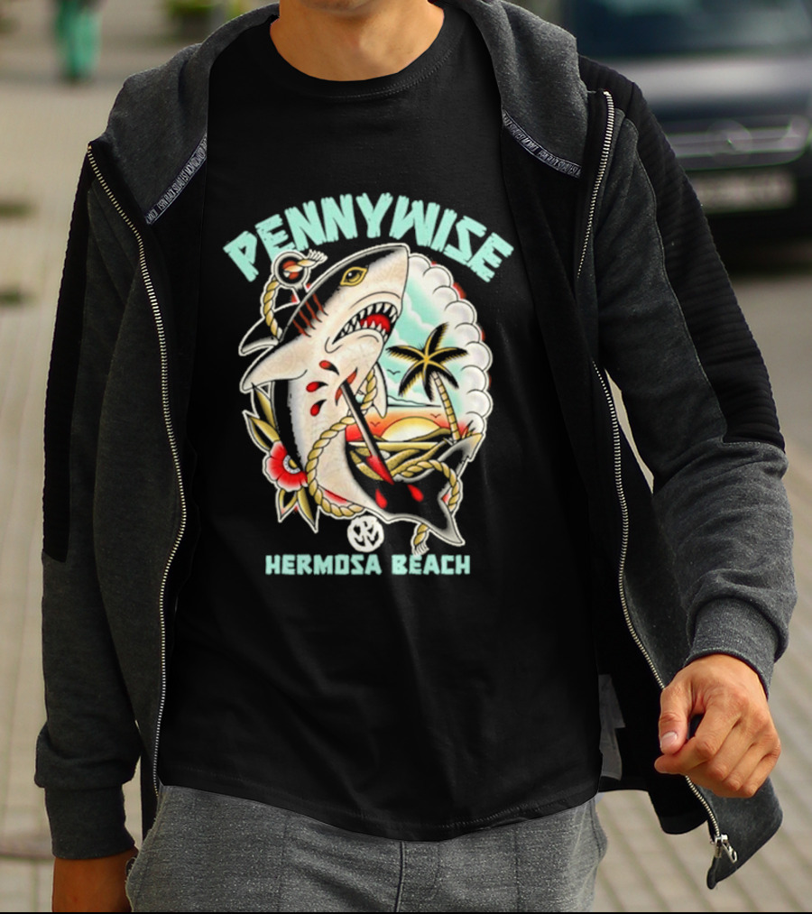 Pennywise Shark Hermosa Beach Sunset Palm Tattoo T-Shirt