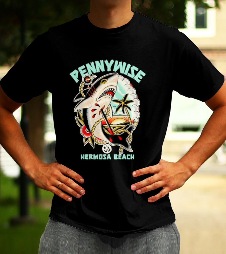 Pennywise Shark Hermosa Beach Sunset Palm Tattoo T-Shirt