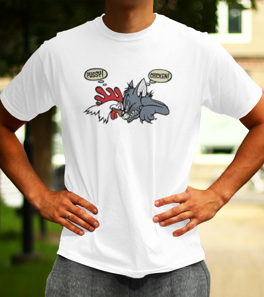 No Fear Pussy Chicken 1993 Rooster Cat Confrontation T-Shirt