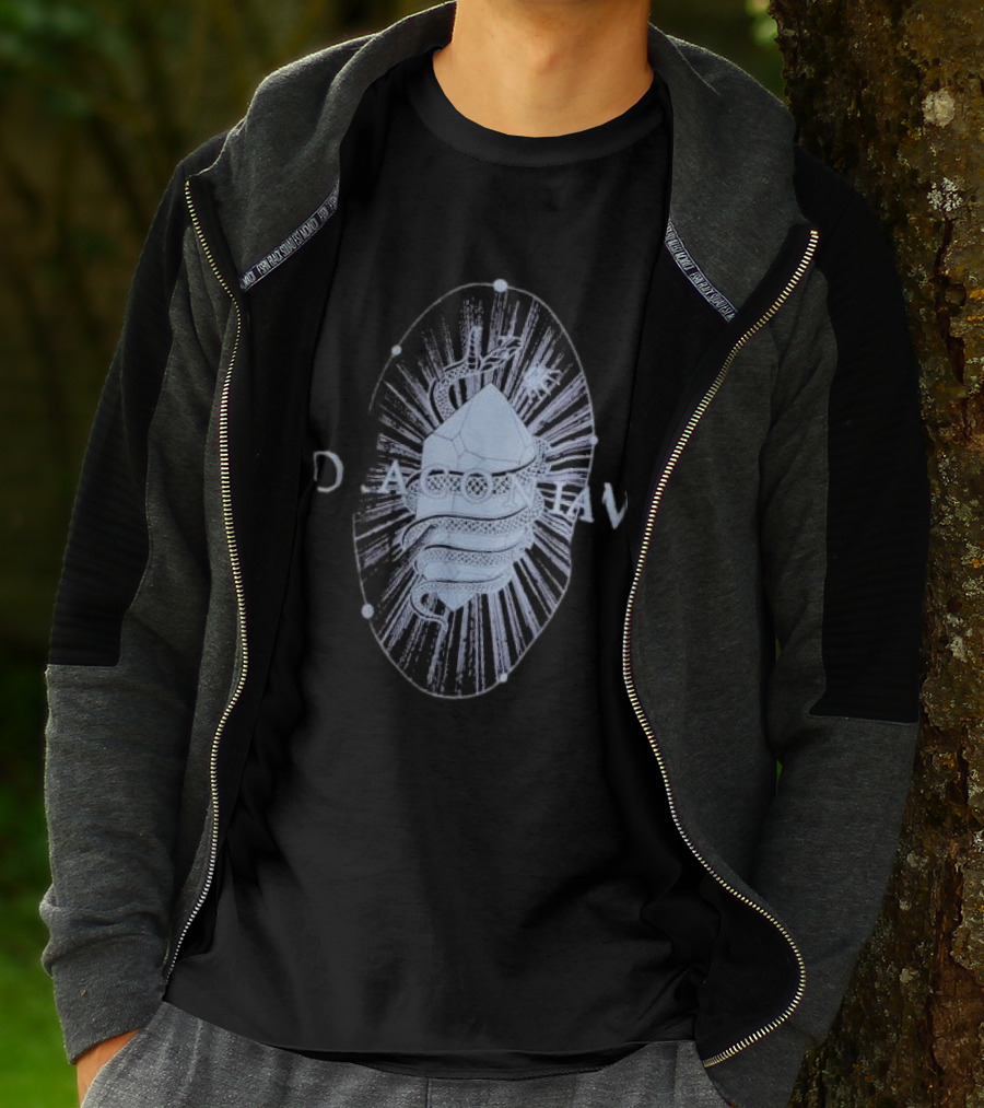 Draconian Snake Emerging From Geometric Shield With Radiant Energy T-Shirt