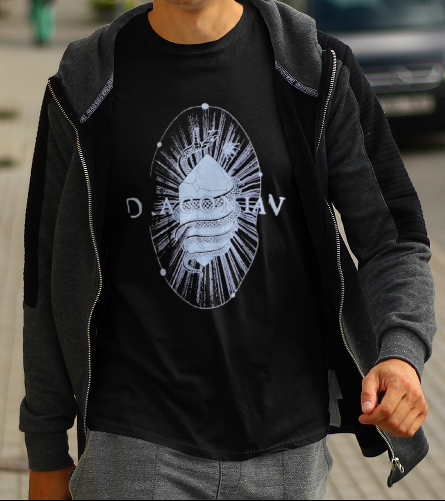 Draconian Snake Emerging From Geometric Shield With Radiant Energy T-Shirt